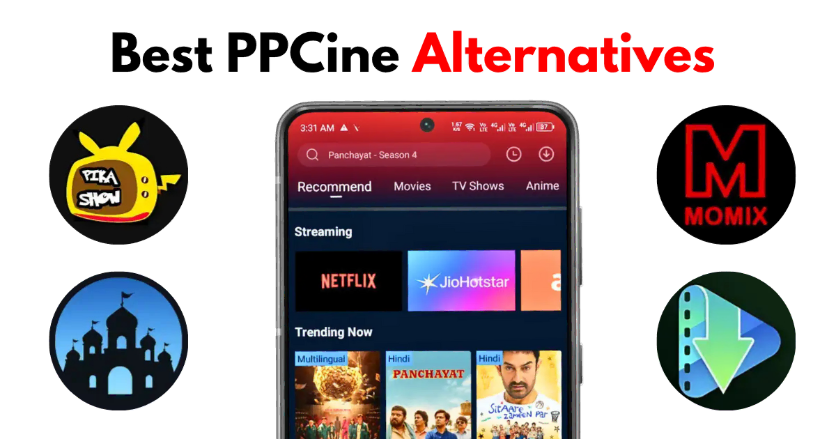 Top PPCine Alternatives to Try in 2025 for Free Streaming 1 Smartphone showing PPCine app surrounded by alternatives like Momix, MovieBox, and Castle App