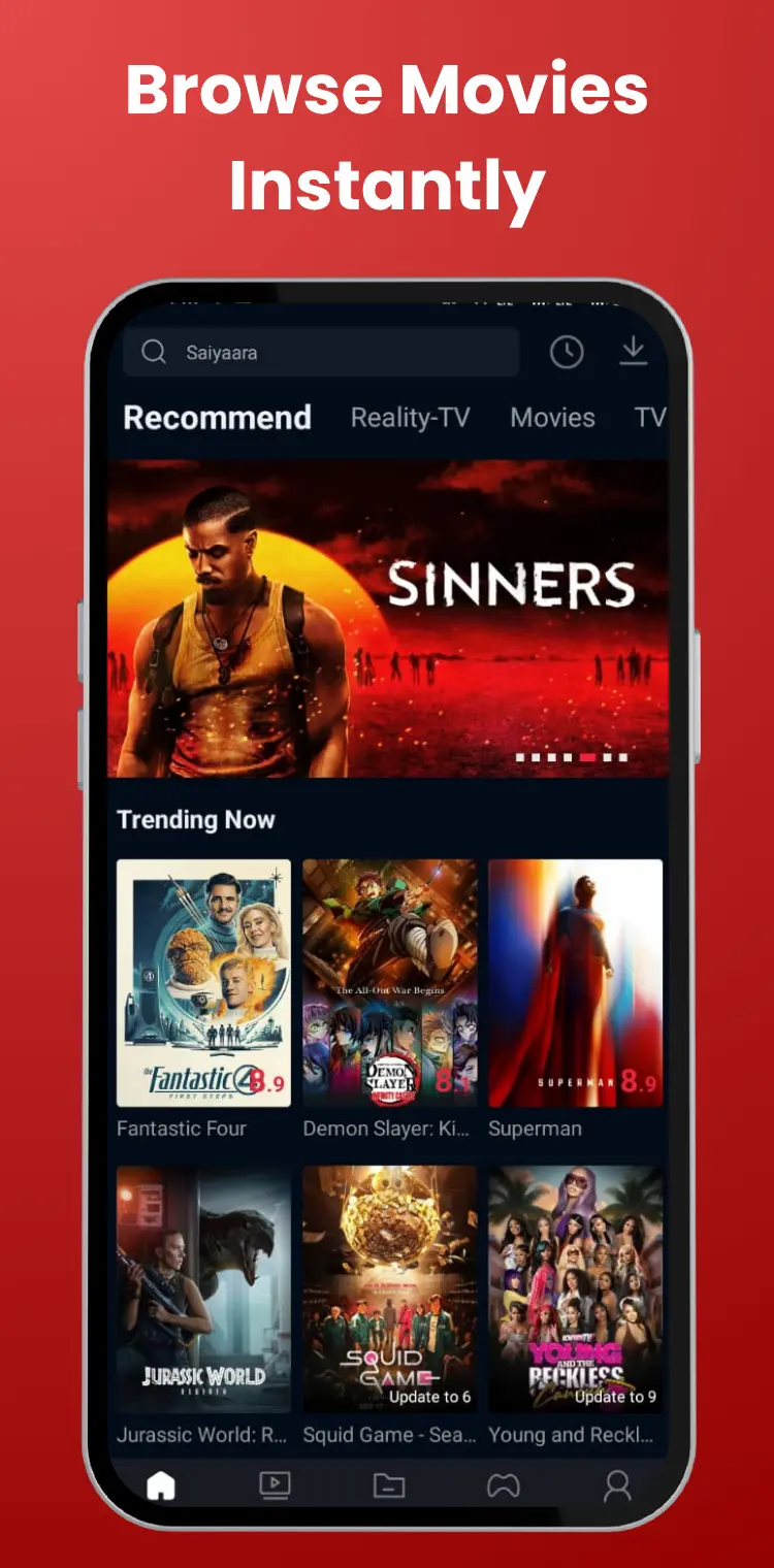 PPCine app home screen with movie categories like South and Hindi Dubbed