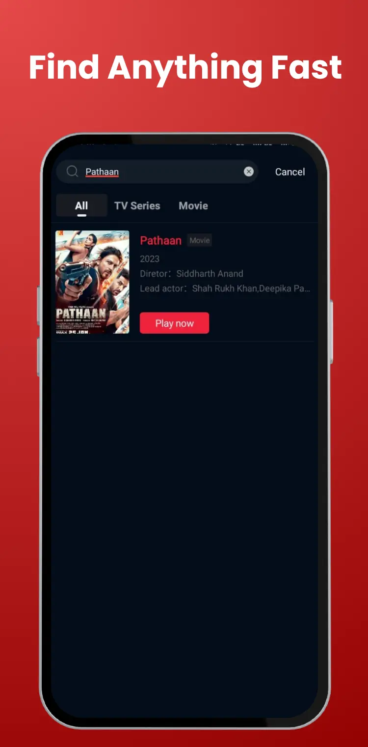 PPCine search feature showing instant movie results for Indian users