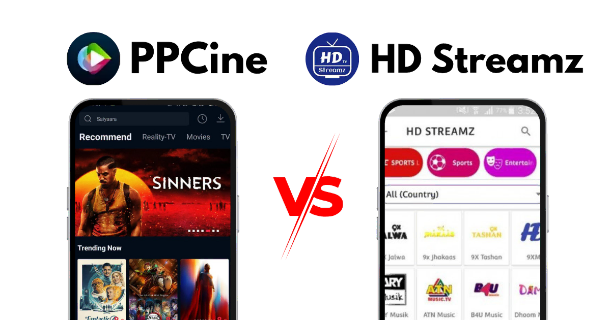 PPCine vs HD Streamz Full Comparison for Android Streaming 1 PPCine app compared with Hd Streamz on Android with versus design showing both app icons