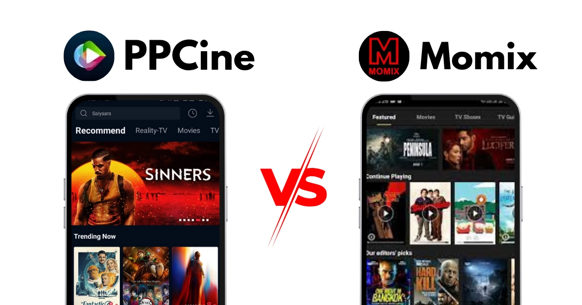 PPCine vs Momix Full Comparison for Android Streaming 1 PPCine app compared with Momix app on Android with versus design showing both app icons