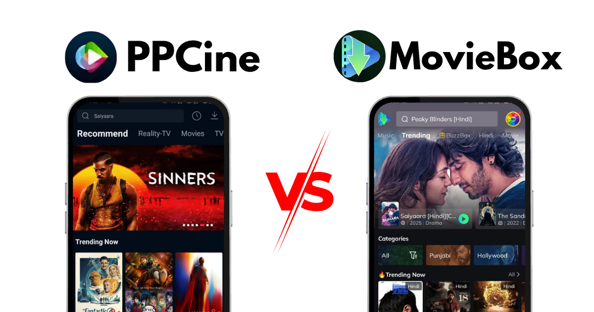 PPCine vs MovieBox Full Comparison for Android Streaming 1 PPCine app compared with MovieBox app on Android with versus design showing both app icons