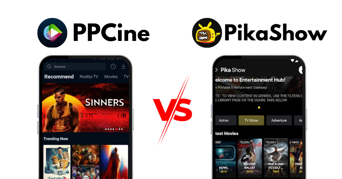 PPCine vs PikaShow Full Comparison for Android Streaming 1 PPCine app compared with PikaShow on Android with versus design showing both app icons