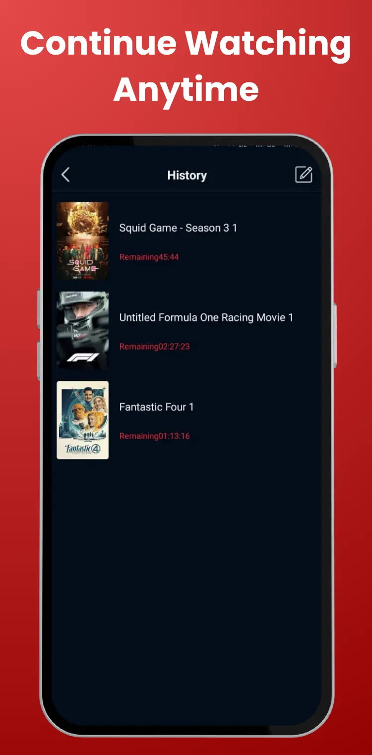 Watch history and resume feature on PPCine app with recently played videos